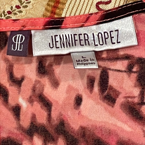 Jennifer Lopez top, sarong-style, polyester/spandex blend, reds/pinks pattern, L - Picture 5 of 9